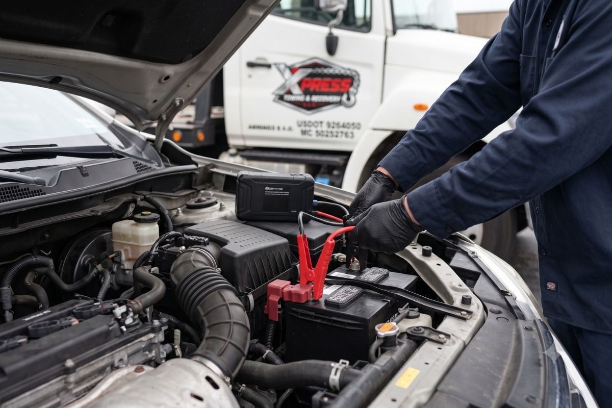 Jump pack clamped to a car battery under the hood with the Xpress flatbed behind
