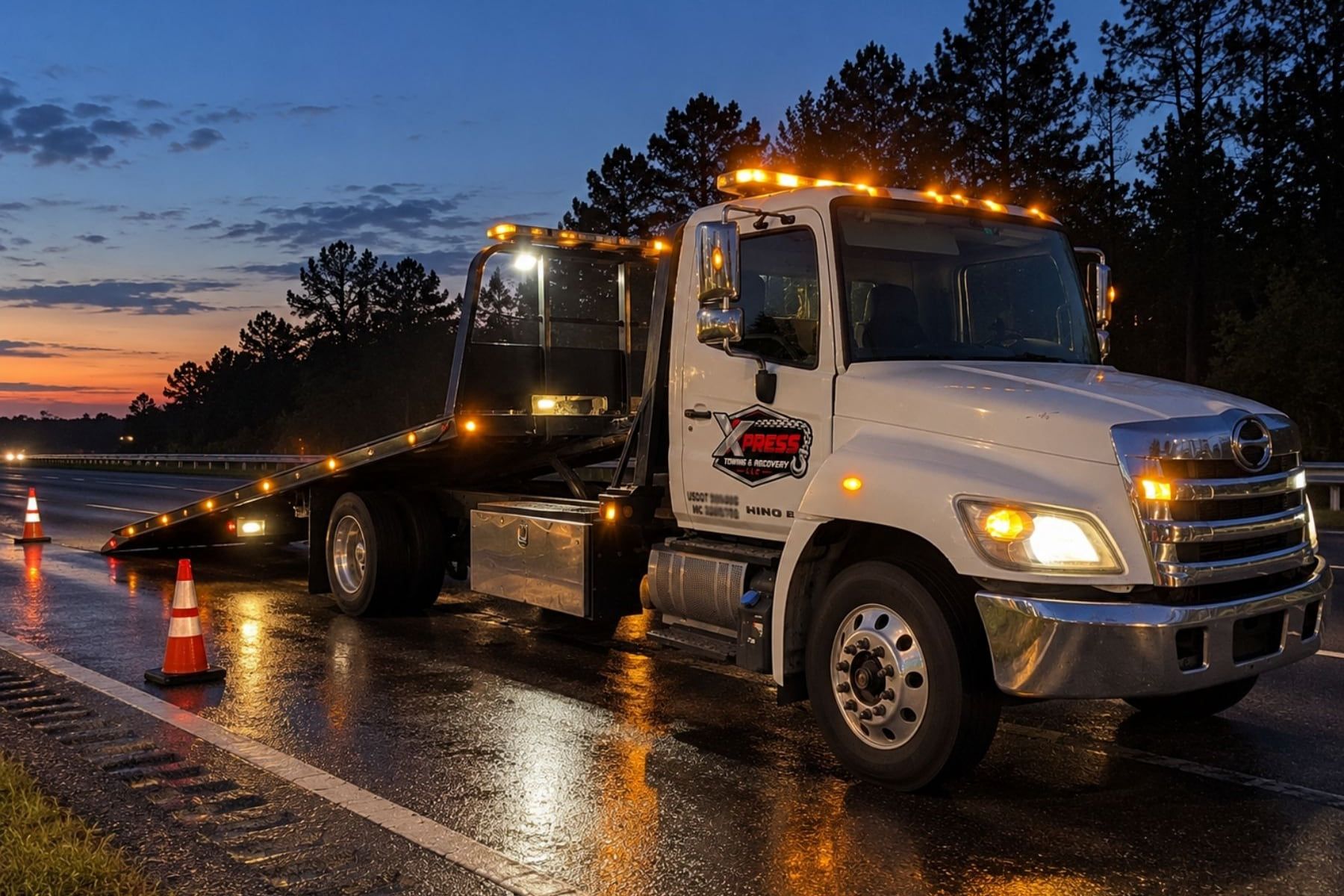 Xpress flatbed at dusk on a wet highway shoulder with amber beacons lit and traffic cones set out