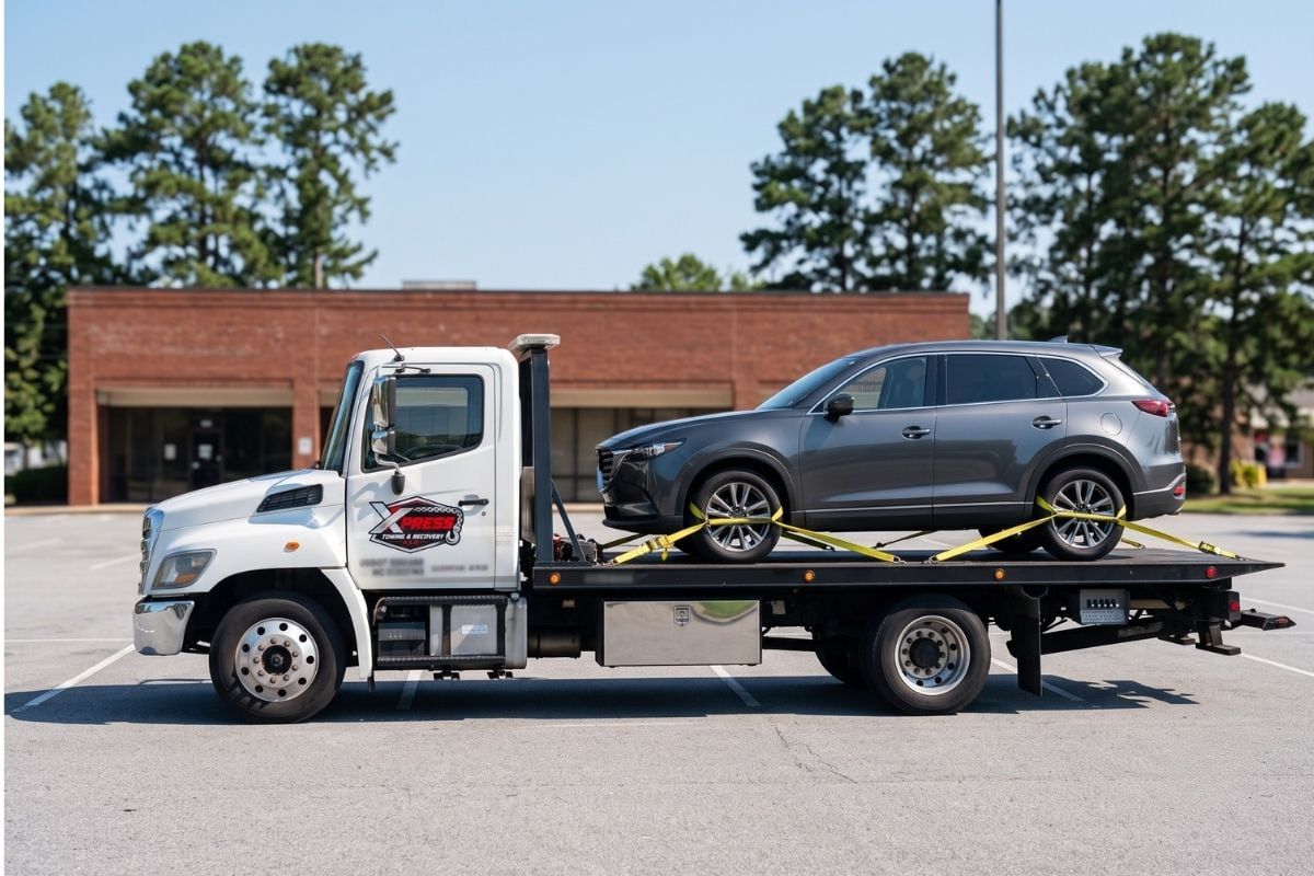 Gray Mazda SUV strapped to the Xpress flatbed deck with yellow ratchet straps