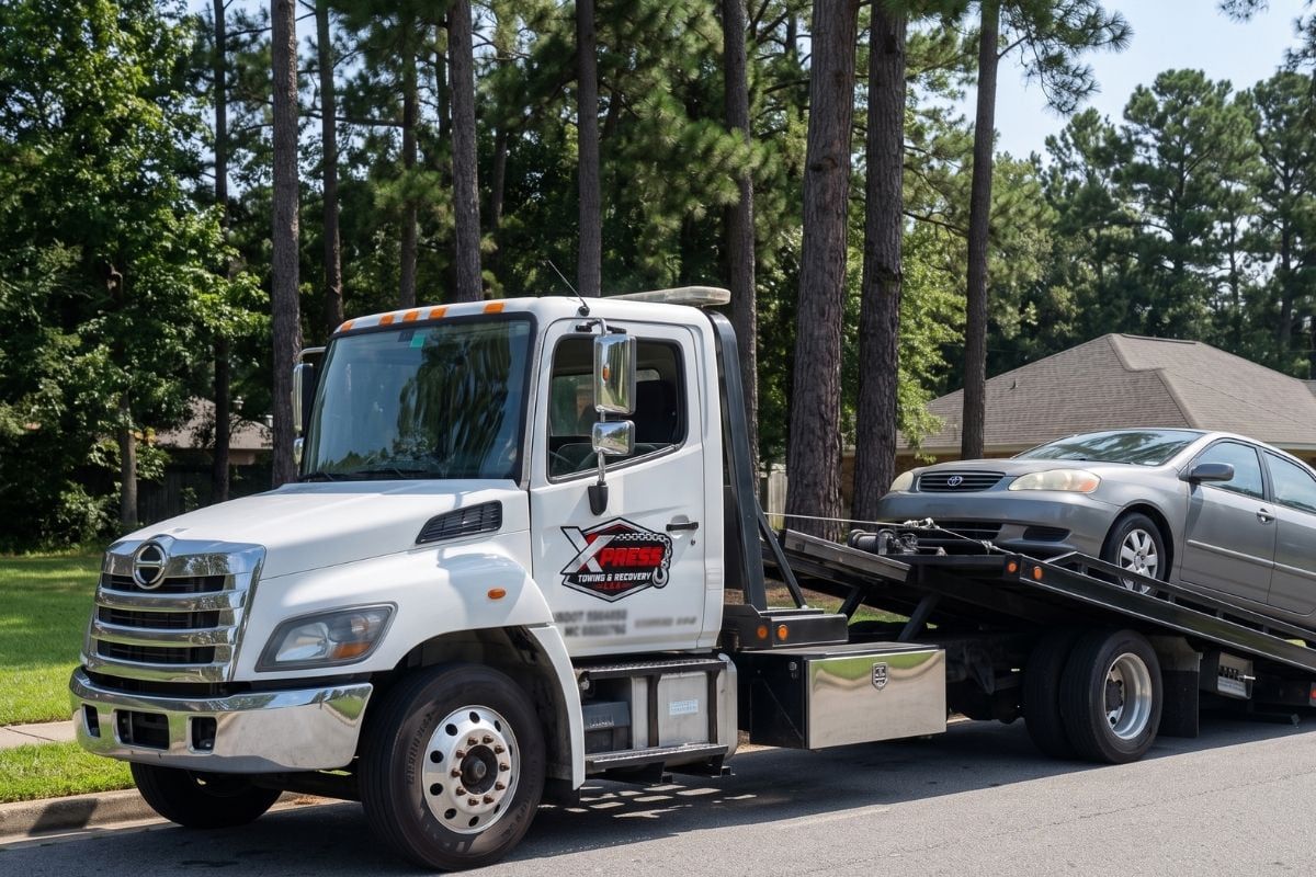 Xpress rollback with deck tilted, winching a silver Toyota sedan aboard on a residential street