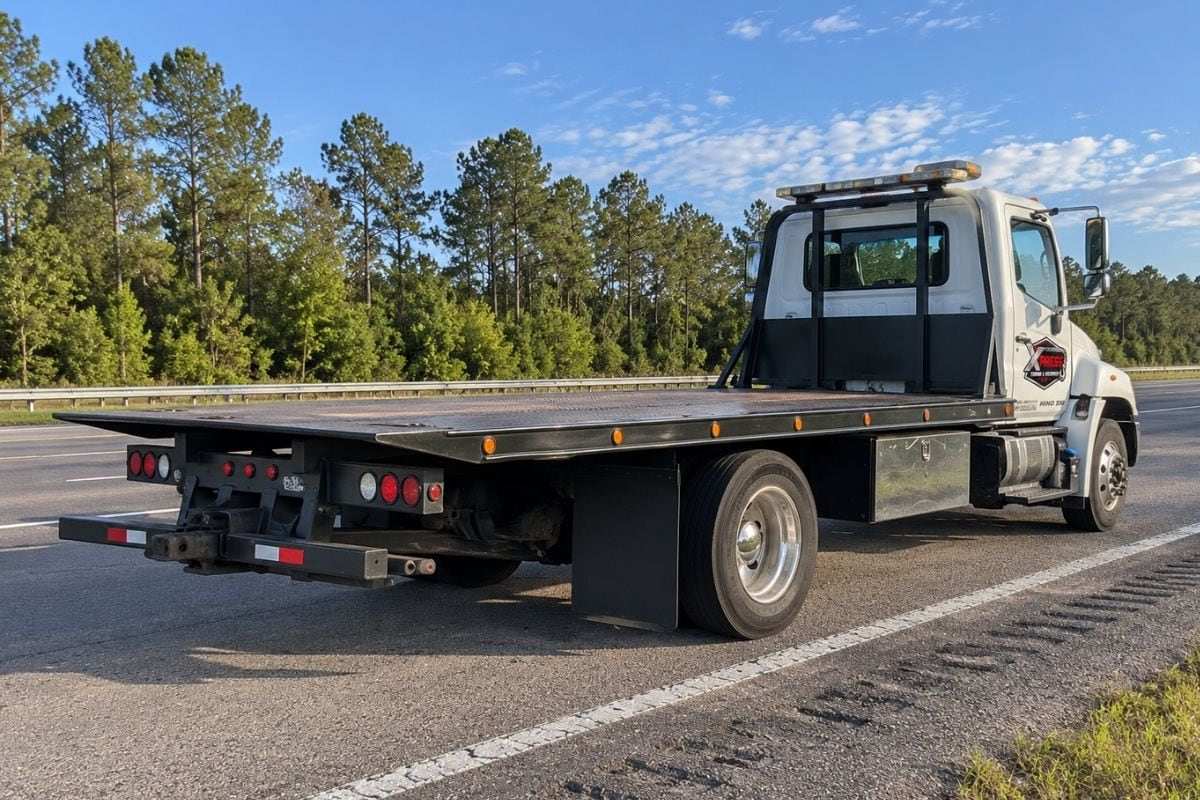 Rear three-quarter view of the Xpress flatbed with an empty deck on an interstate shoulder